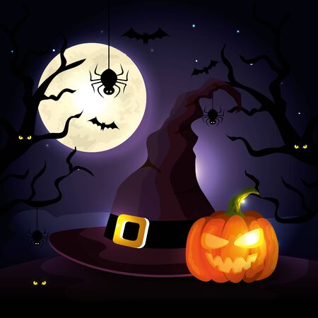pumpkin with hat witch in scene halloween vector illustration designのイラスト素材