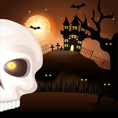 skull dead with haunted castle in halloween scene vector illustration designのイラスト素材