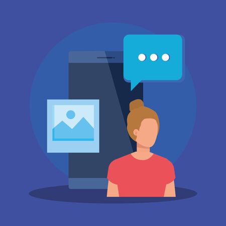 business woman with smartphone technology and chat bubble over blue background, vector illustrationのイラスト素材