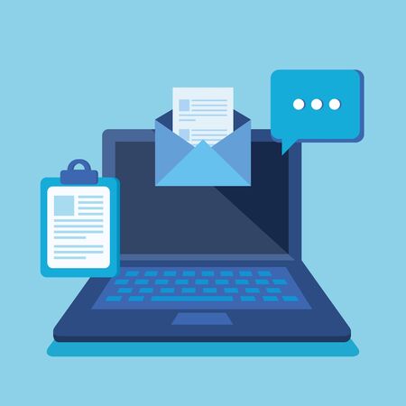 laptop technology with document clipboard and chat bubble over blue background, vector illustrationのイラスト素材