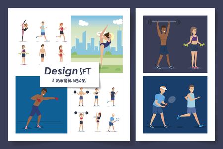 six designs of people practicing exercise vector illustration designのイラスト素材