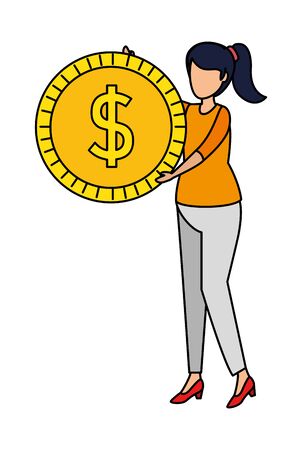 young woman lifting coin money dollar vector illustration designのイラスト素材