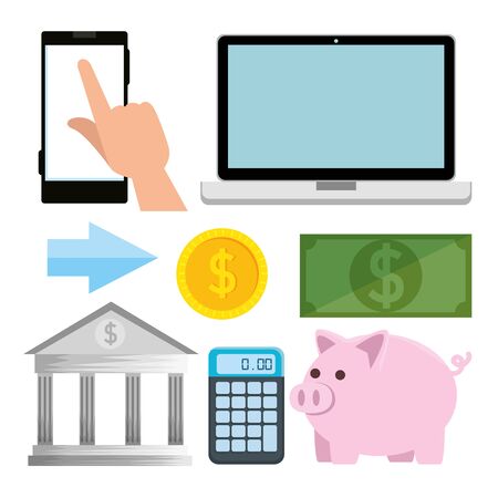 set of laptop with smartphone and calculator to banking technology vector illustrationのイラスト素材