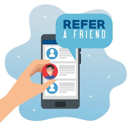 poster of refer a friend with hand using smartphone vector illustration designのイラスト素材