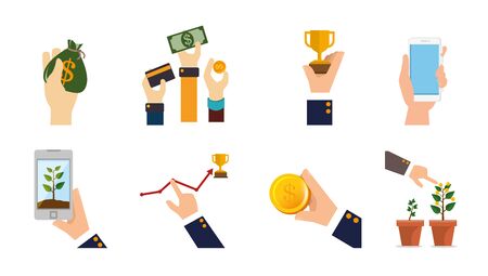 bundle of hands with business set icons vector illustration designのイラスト素材
