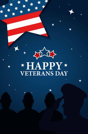 happy veterans day celebration with silhouette military and flag vector illustration designのイラスト素材