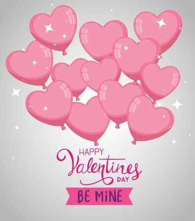happy valentines day with balloons helium in shape hearts vector illustration designのイラスト素材