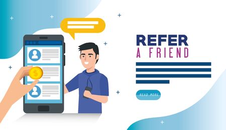 poster of refer a friend with young man and smartphone vector illustration designのイラスト素材