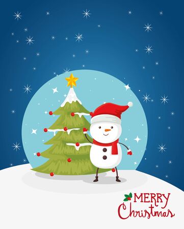 merry christmas poster with snowman and pine tree vector illustration designのイラスト素材