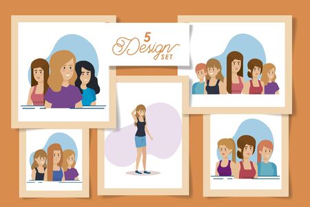 set five designs of young womens vector illustration designのイラスト素材