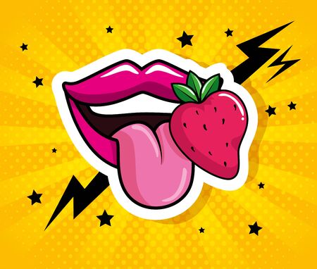 sexy lips with strawberry pop art style vector illustration designのイラスト素材