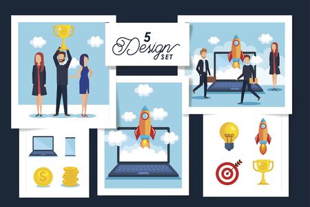 five designs of business people scenes and icons vector illustration designのイラスト素材