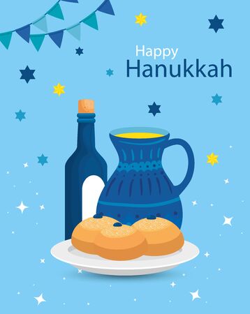 happy hanukkah with teapot and icons vector illustration designのイラスト素材