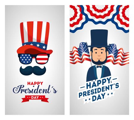 set of happy presidents day poster with decoration vector illustration designのイラスト素材