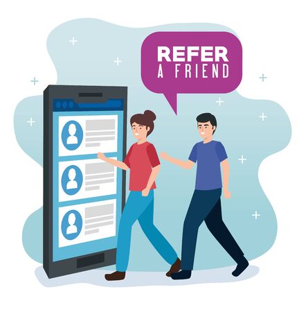 poster of refer a friend with couple and smartphone vector illustration designのイラスト素材