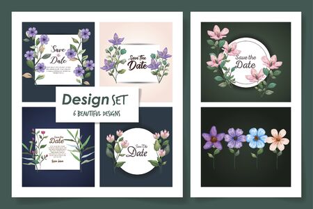 set six designs of cards with flowers decoration and leafs illustration designのイラスト素材
