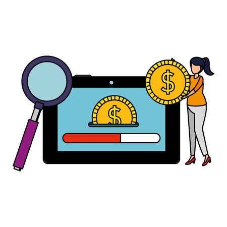 woman using tablet with coins and magnifying glass vector illustration designのイラスト素材