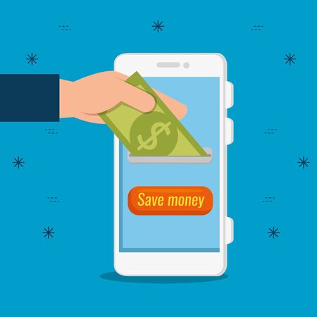 hand with bill and smartphone save money to business finance, vector illustrationのイラスト素材