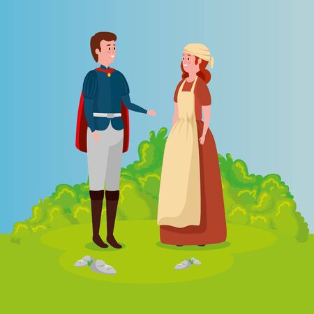 cinderella with prince in scene fairytale vector illustration designのイラスト素材