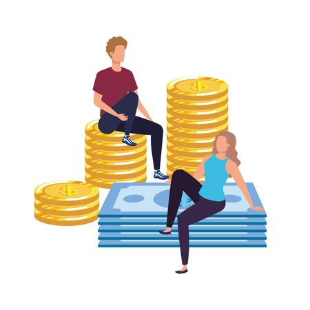 young couple with coins and bills vector illustration designのイラスト素材