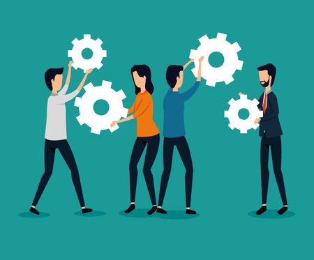 businessmen and businesswoman teamwork with gears strategy to social plan, vector illustrationのイラスト素材