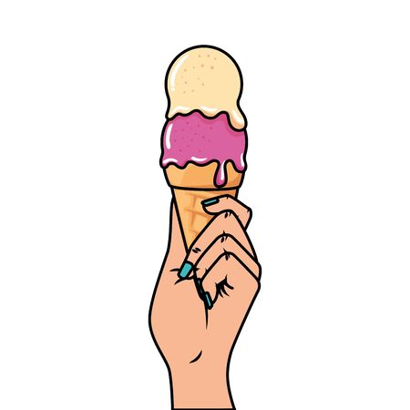 hand with delicious ice cream pop art style icon vector illustration designのイラスト素材