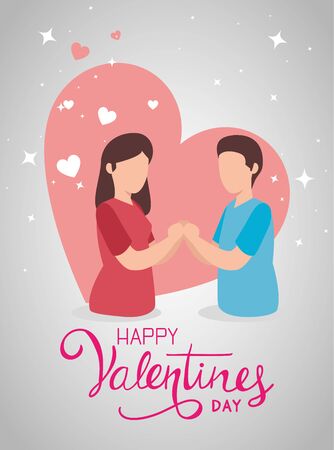 happy valentines day with couple and hearts vector illustration designのイラスト素材