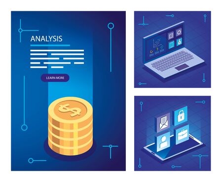 set analysis data poster with business icons vector illustration designのイラスト素材