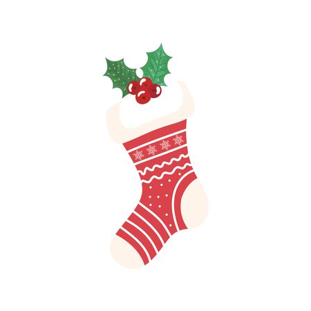 sock christmas decorative with leafs and seeds vector illustration designのイラスト素材