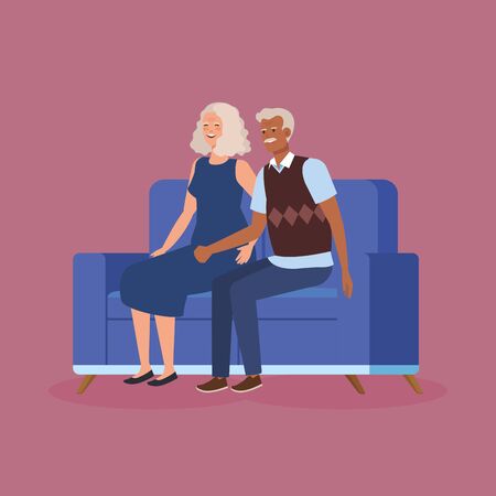 grandparents couple sitting in sofa avatar character vector illustration designのイラスト素材