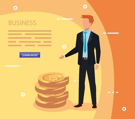 businessman with pile coins avatar character vector illustration designのイラスト素材