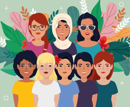 group of beautiful women with leafs tropicals vector illustration designのイラスト素材