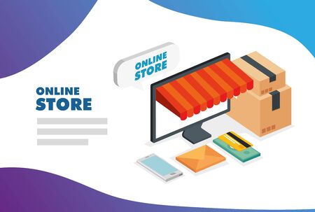 computer and parasol with icons of store online vector illustration designのイラスト素材