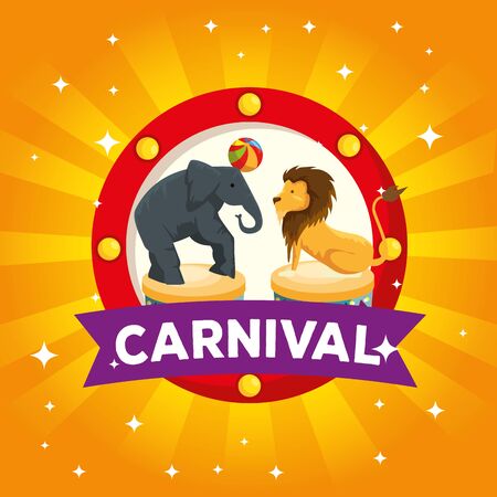 label of elephant and lion playing with ball to carnival vector illustrationのイラスト素材