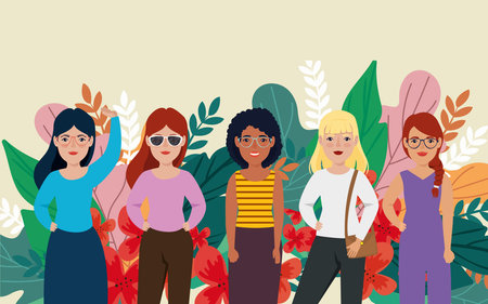 group of women standing with leafs tropicals vector illustration designのイラスト素材