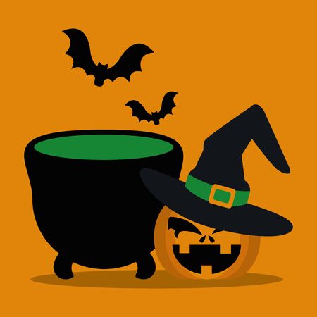 halloween pumpkin with hat witch and cauldron vector illustration designのイラスト素材