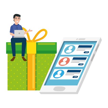 young man with smartphone and gift box present vector illustration designのイラスト素材