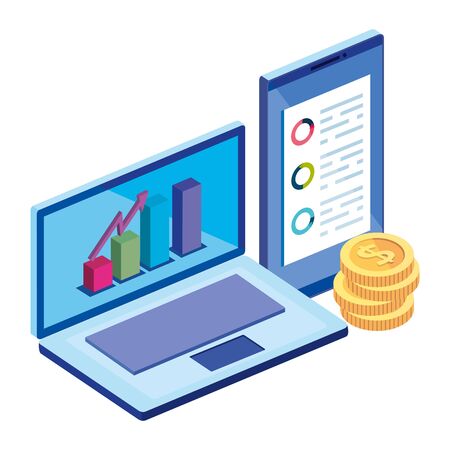 laptop with smartphone and infographics isolated icon vector illustration designのイラスト素材
