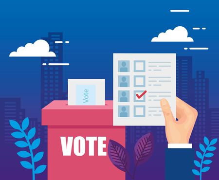 hand with vote form and ballot box vector illustration designのイラスト素材