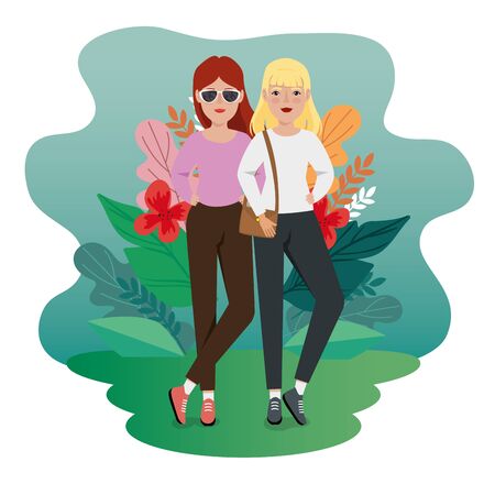 women standing with handbag and leafs tropicals vector illustration designのイラスト素材