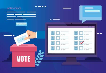 poster of online vote with computer and ballot box vector illustration designのイラスト素材