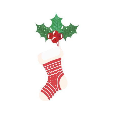 sock christmas decorative with leafs and seeds vector illustration designのイラスト素材