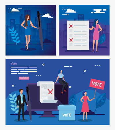 set poster vote with business people and icons vector illustration designのイラスト素材