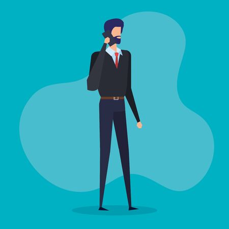 professional businessman with elegant clothes and smartphone over blue background, vector illustrationのイラスト素材