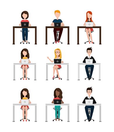 group of business people in desk with laptop vector illustration designのイラスト素材