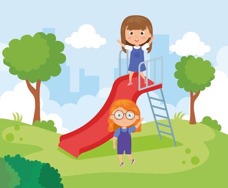 cute girls in park with slide vector illustration designのイラスト素材
