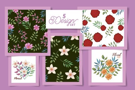 five designs of flowers and leafs decoration vector illustration designのイラスト素材