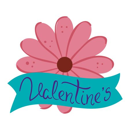 valentines lettering in ribbon with flower vector illustration designのイラスト素材