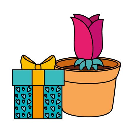 gift box with rose flower in pot plant isolated icon vector illustration designのイラスト素材