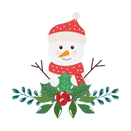 merry christmas snowman with leafs and seeds vector illustration designのイラスト素材